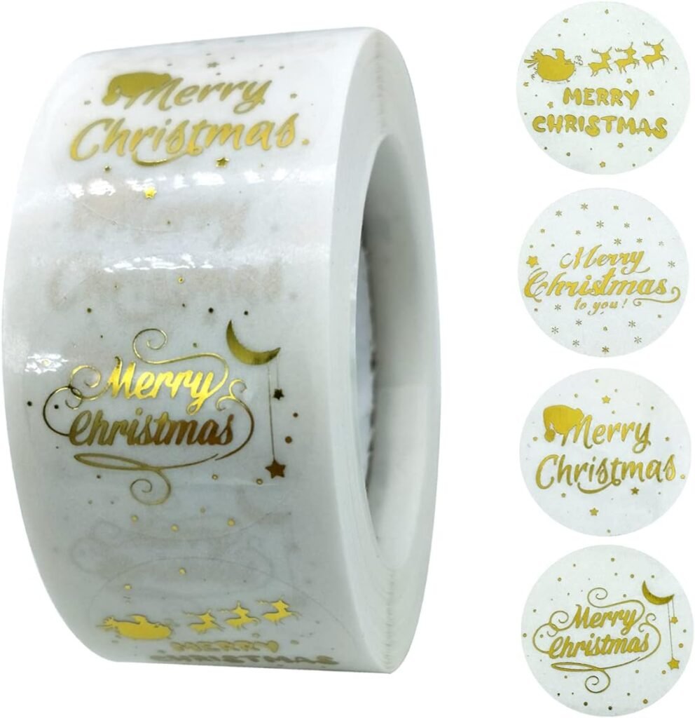 PMCDS2G 500pcs Christmas Stickers Christmas Card Stickers in One Roll for Gift Décor Card Envelopes Sealing Christmas Supplies (1 Four Golden Transparent Patterns)