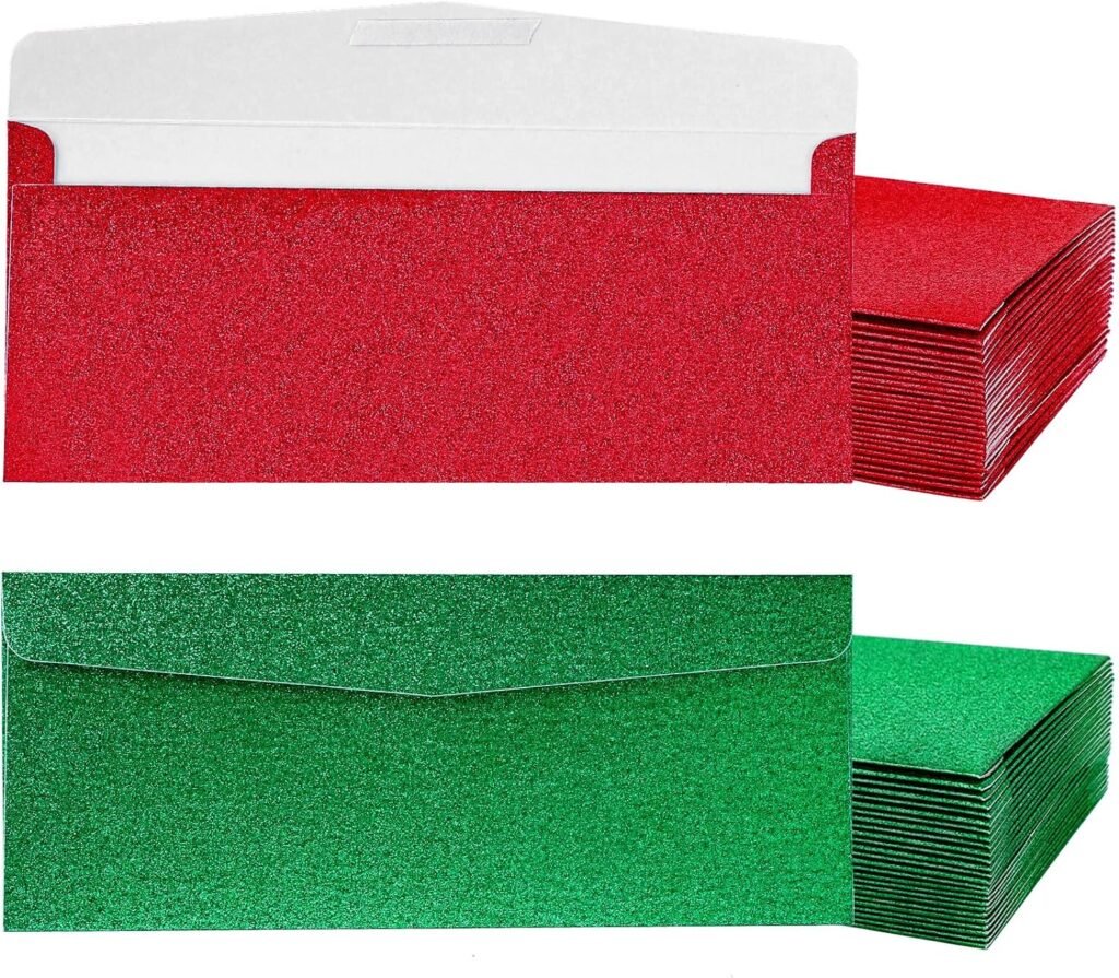 Whaline 50Pcs Christmas Glitter Red and Green Envelopes Invitation Envelopes with Double-Sided Tape Christmas Themed Mailing Envelopes Festive for Xmas Holiday Small Gift Cards Business Notes