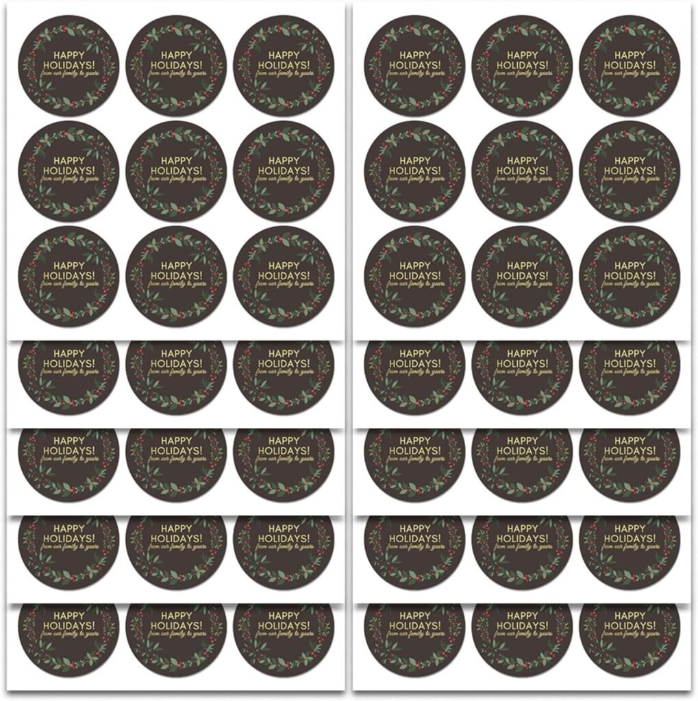 Happy Holidays Stickers | Envelope Seals | 1.4 inch | Gold Foil | Black Wreath Christmas Stickers | Waterproof | 90-Pack for Christmas Gifts, Envelopes, Holiday Cards