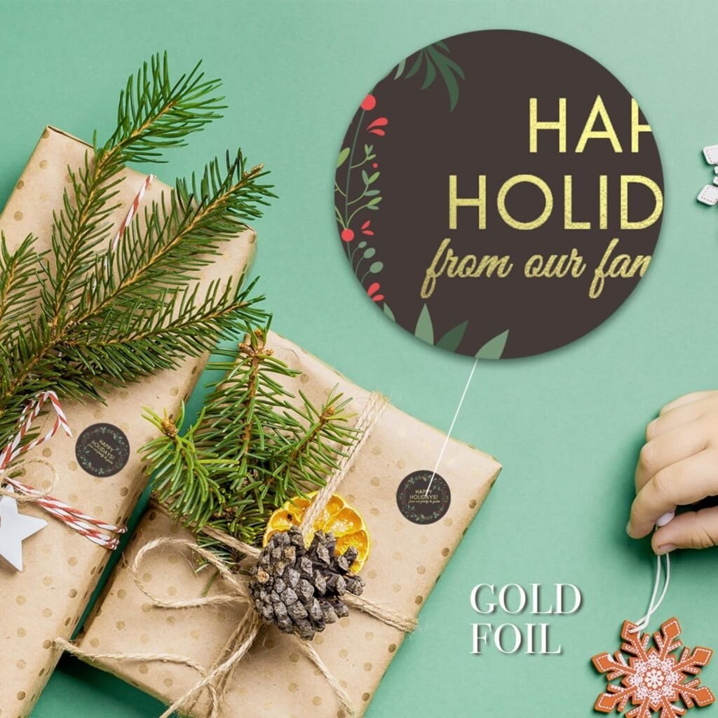 Happy Holidays Stickers | Envelope Seals | 1.4 inch | Gold Foil | Black Wreath Christmas Stickers | Waterproof | 90-Pack for Christmas Gifts, Envelopes, Holiday Cards