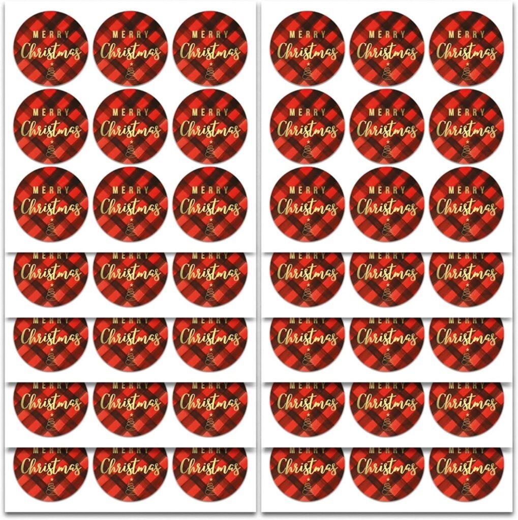 Merry Christmas Stickers | Envelope Seals | 1.4 inch | Gold Foil | Red Buffalo Plaid Labels| Waterproof | 90-Pack for Christmas Gifts, Holiday Stickers for Envelopes, Holiday Cards