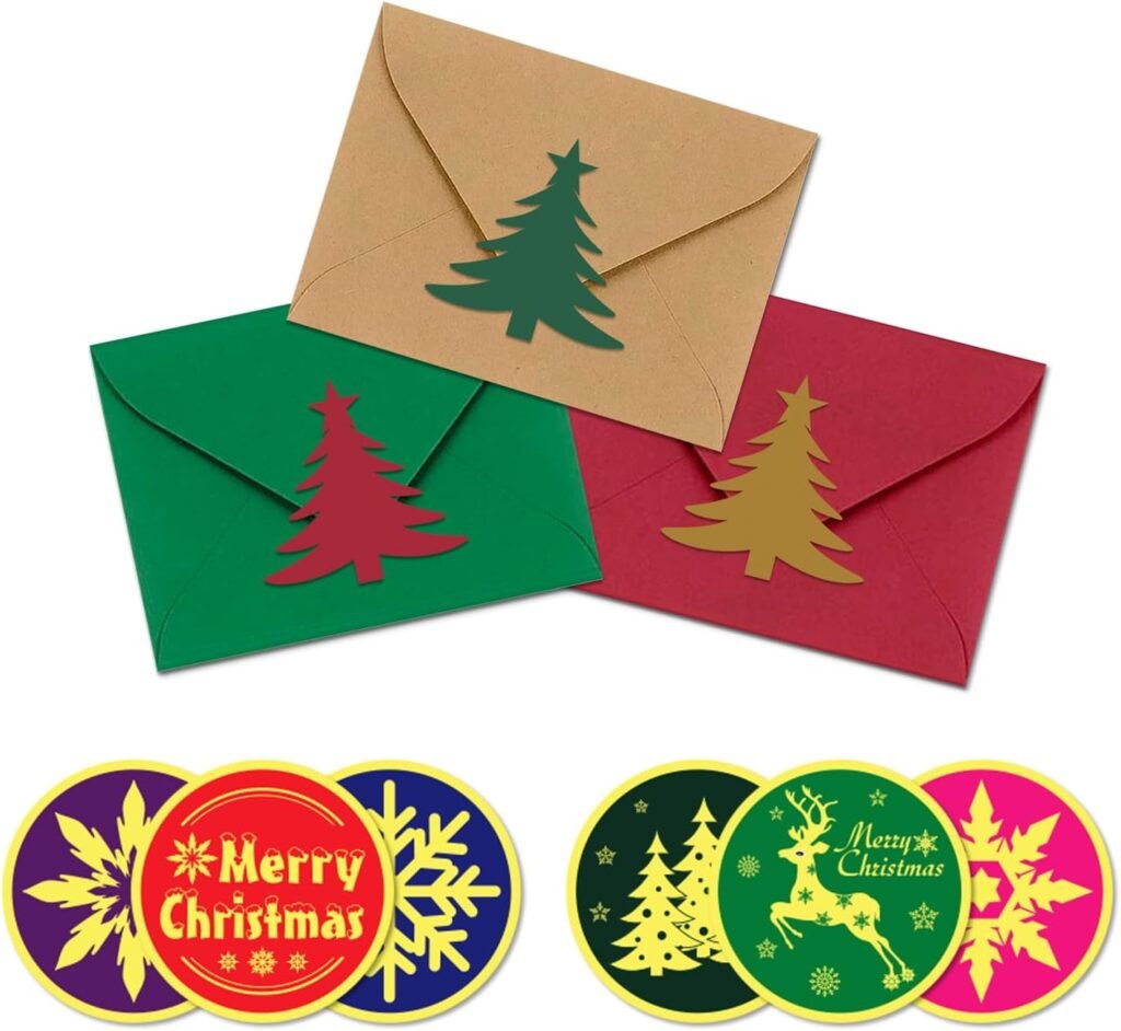 120 PCS Christmas Envelope Stickers Christmas Tree Seals Labels, 2 Round Merry Christmas Snowflake Stickers Combination for Gift Invitation Greeting Card Envelope Holiday Presents Decorative Seals