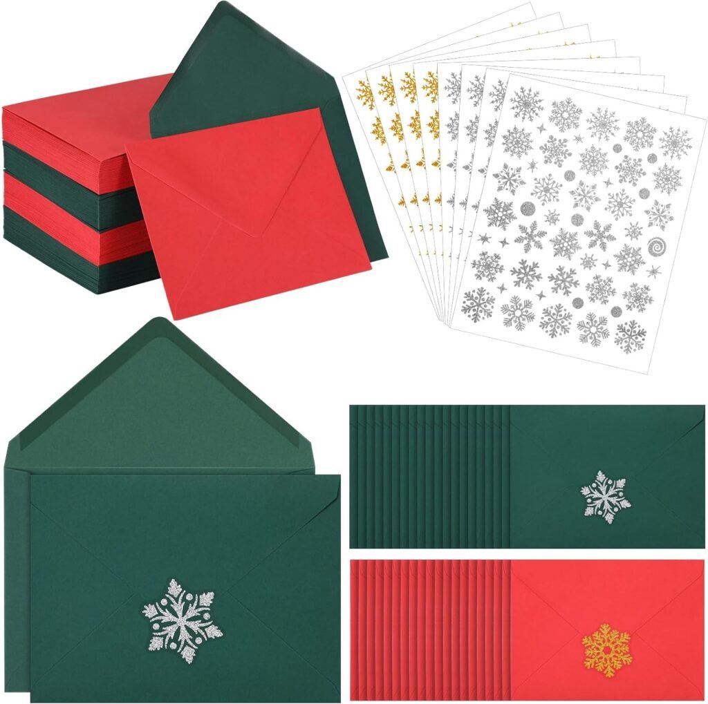 200 Pcs A7 Christmas Envelopes with 7 Sheets 210 Pcs Glitter Snowflake Sticker 5 x 7 Gift Card Envelopes Bulk V Flap Envelopes for Christmas Wedding Invitation(Red, Green, Gold, Silver)