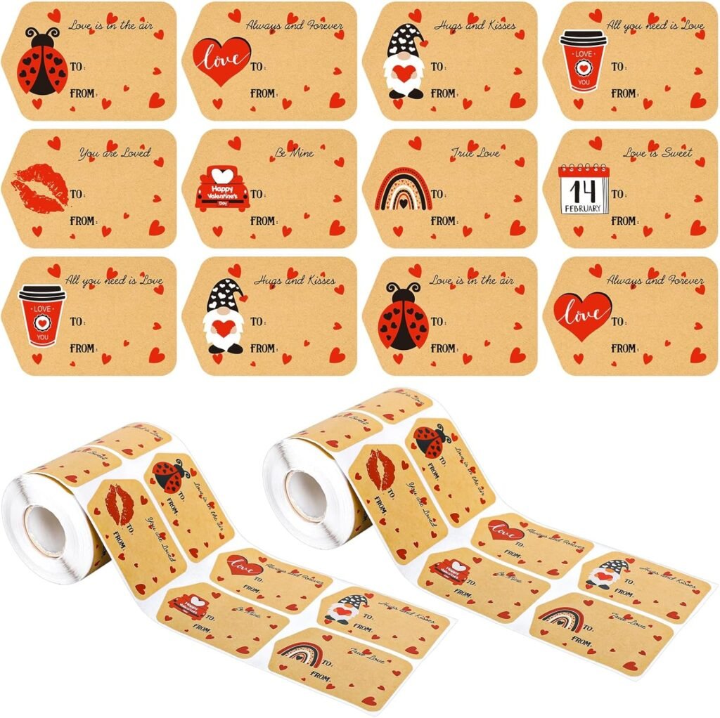 500Pcs Valentines Day Heart Gift Tags Stickers Gift Wrapping,8 Designs Self Adhesive Name Kraft Paper Tags Writable Labels Stickers for Present Package Party Envelope Seals Cards Decor