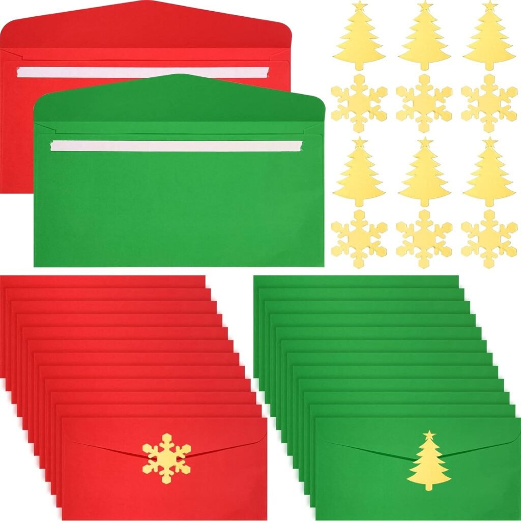 Christmas Envelopes Green and Red Envelope with Christmas Tree Snowflake Stickers Self Adhesive Greeting Card Pockets for Holiday Festive Letters Mail Gift Supplies (100 Pieces)