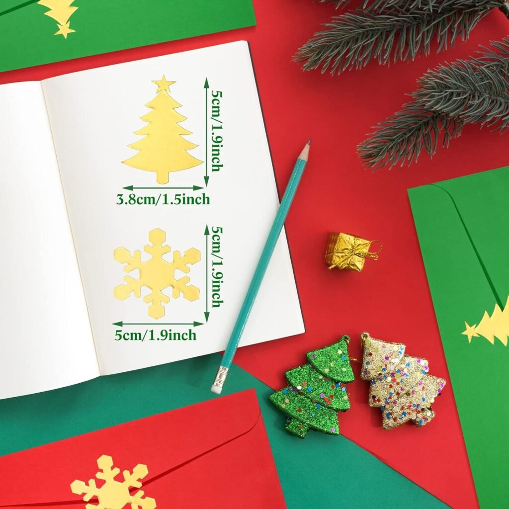 Christmas Envelopes Green and Red Envelope with Christmas Tree Snowflake Stickers Self Adhesive Greeting Card Pockets for Holiday Festive Letters Mail Gift Supplies (100 Pieces)