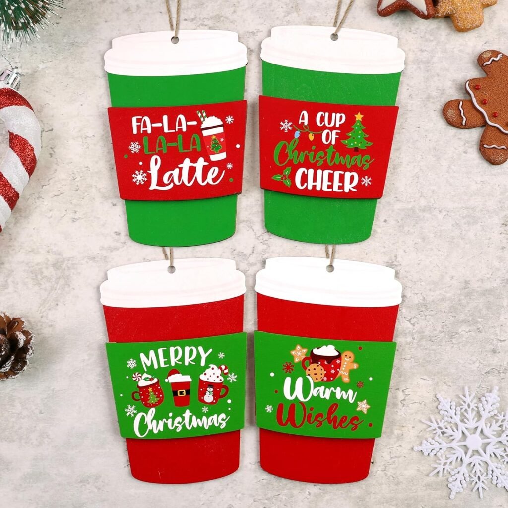 Huray Rayho 4 Pack Christmas Coffee Gift Card Holders Christmas Wooden Coffee Money Holders Cash Holders Gift Funny Christmas Tree Ornaments (Gift Card Not Included)