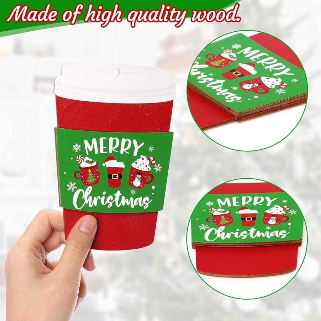 Huray Rayho 4 Pack Christmas Coffee Gift Card Holders Christmas Wooden Coffee Money Holders Cash Holders Gift Funny Christmas Tree Ornaments (Gift Card Not Included)